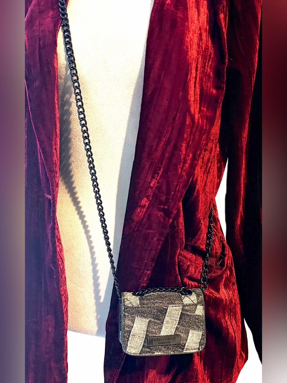 Kurt Geiger Micro Mini Kensington Denim Patchwork Black Chain Crossbody Bag &Box - Picture 9 of 10